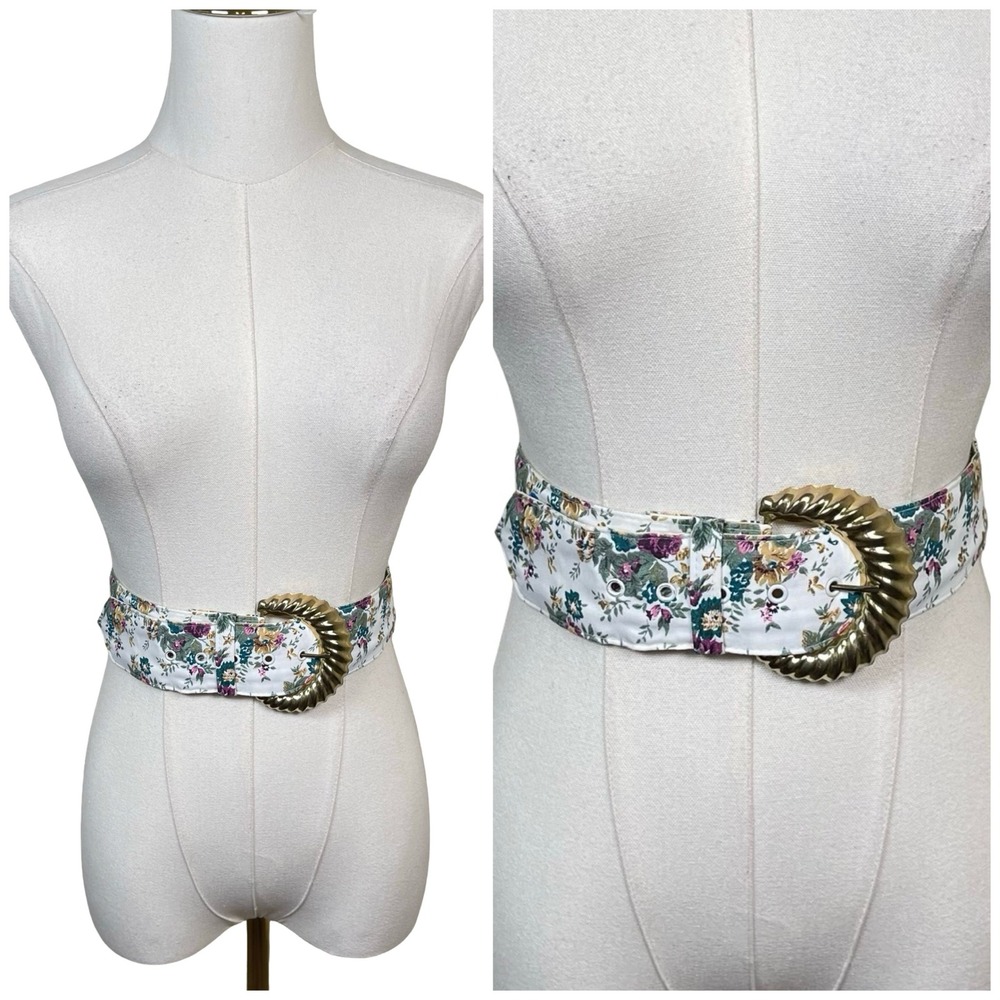 Vintage Floral Canvas Waist Belt Womens 16 White‎ Gold Shell Buckle Cottagecore